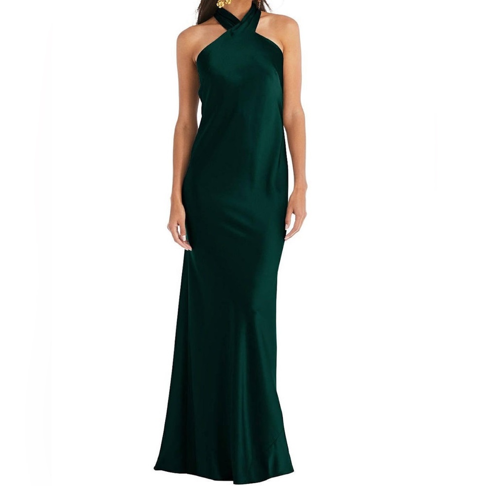 Dessy Draped Twist Halter Tie-Back Trumpet Gown in Evergreen